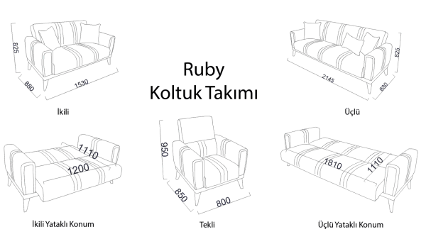 Ruby Üçlü Koltuk - Kiremit Kırlent Gri