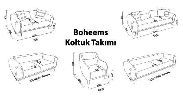 Boheems Üçlü Koltuk - Krem