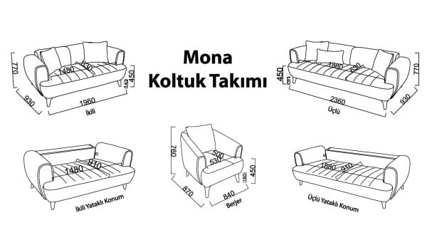 Mona Üçlü Koltuk - Meşe Ayak