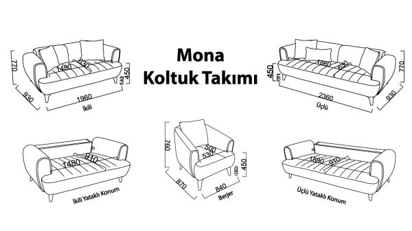 Mona Üçlü Koltuk - Koyu Kahve Ayak